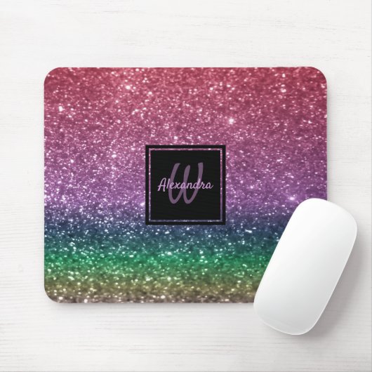Rainbow Glitter Monogram Roze Glamoureus Muismat (Met muis)