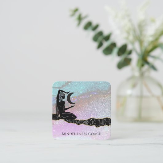 *~* Rainbow Glitter Moon QR code GODDESS Meditate Vierkante Visitekaartje (Staand voorkant)