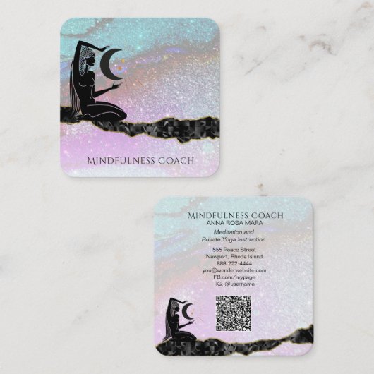 *~* Rainbow Glitter Moon QR code GODDESS Meditate Vierkante Visitekaartje (Voorkant / Achterkant)