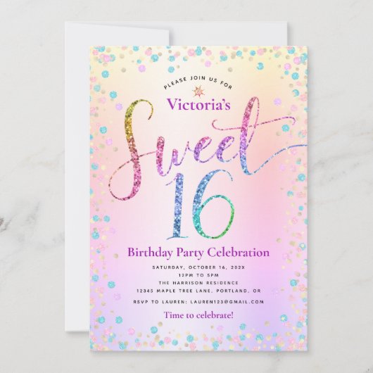 Rainbow Glitter Ombre Script Sweet 16 Verjaardag Kaart (Voorkant)