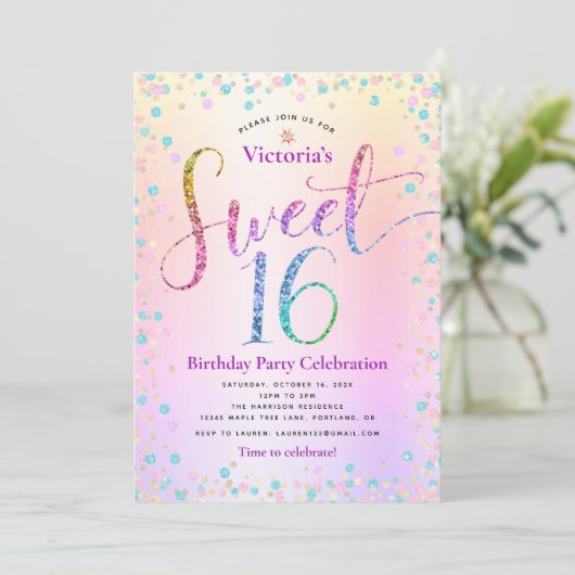 Rainbow Glitter Ombre Script Sweet 16 Verjaardag Kaart (Staand voorkant)