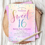 Rainbow Glitter Ombre Script Sweet 16 Verjaardag Kaart<br><div class="desc">"Happy Sweet 16". Deze uitnodiging is een geweldige manier om je dochter haar mijlpaal verjaardag te laten vieren met al haar vrienden. Stuur deze prachtige, sprankelende, girly, feestelijke, moderne, gepersonaliseerde feestuitnodiging uit voor een evenement om te onthouden. Rainbow glitter script typografie, samen met feestelijke turquoise, paarse roze en gouden confetti,...</div>