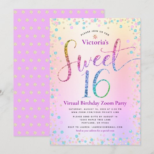 Rainbow Glitter Ombre Virtual Sweet 16 Birthday Kaart (Voorkant / Achterkant)