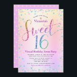Rainbow Glitter Ombre Virtual Sweet 16 Birthday Kaart<br><div class="desc">"Happy Sweet 16". Hier is een geweldige manier om je dochter nog steeds in staat te stellen haar mijlpaalverjaardag te vieren met al haar vrienden. Verstuur deze verbluffende, dunne, girale, feestelijke, moderne, gepersonaliseerde virtuele online partijuitnodiging voor een evenement om het te herinneren. Rainbow glitter script typografie, samen met feestturquoise, paarse...</div>