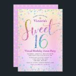 Rainbow Glitter Ombre Virtual Sweet 16 Birthday Kaart<br><div class="desc">"Happy Sweet 16". Hier is een geweldige manier om je dochter nog steeds in staat te stellen haar mijlpaalverjaardag te vieren met al haar vrienden. Verstuur deze verbluffende, dunne, girale, feestelijke, moderne, gepersonaliseerde virtuele online partijuitnodiging voor een evenement om het te herinneren. Rainbow glitter script typografie, samen met feestturquoise, paarse...</div>