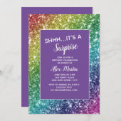 Rainbow Glitter Paars Surprise Birthday Party Kaart (Voorkant / Achterkant)