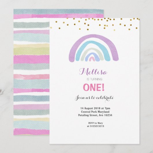 Rainbow Glitter Pink 1st Birthday Invitation Girl Kaart (Voorkant / Achterkant)
