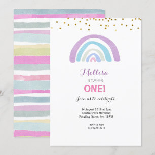 Rainbow Glitter Pink 1st Birthday Invitation Girl Kaart