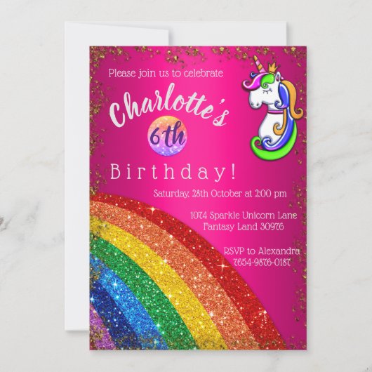 Rainbow Glitter Pink Unicorn Birthday Party Kaart (Voorkant)