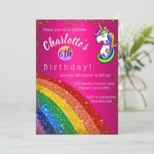 Rainbow Glitter Pink Unicorn Birthday Party Kaart (Staand voorkant)