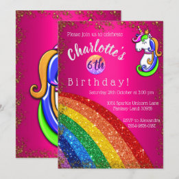 Rainbow Glitter Pink Unicorn Birthday Party Kaart