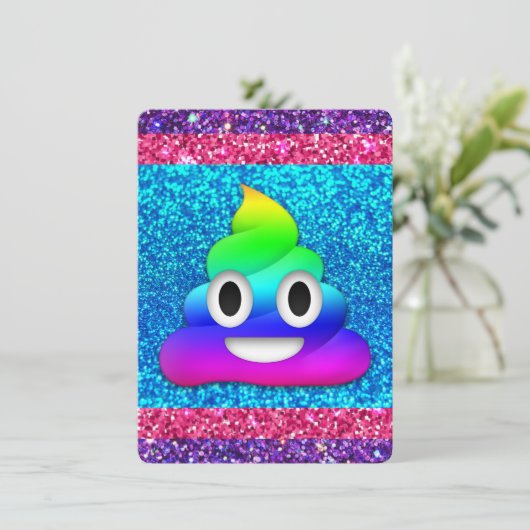 Rainbow glitter poop emoji uitnodiging (Staand voorkant)