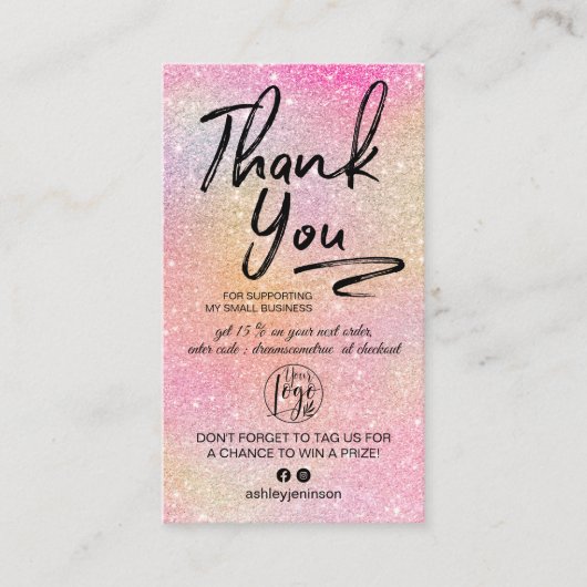 Rainbow glitter script foto logo orde dank je wel visitekaartje (Voorkant)