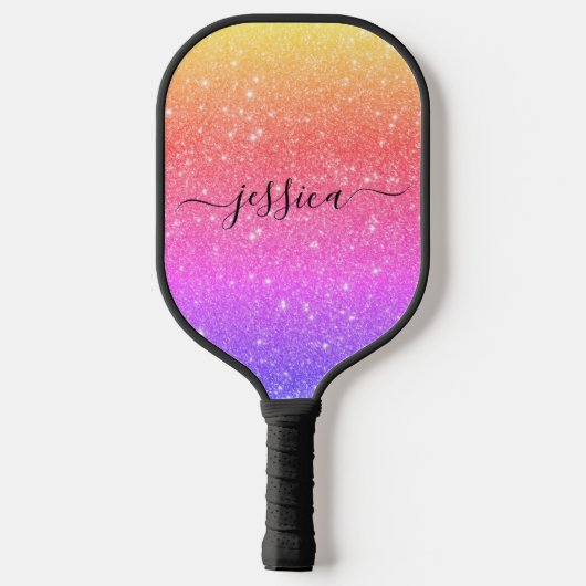 Rainbow glitter script name pickleball paddle (Achterkant)