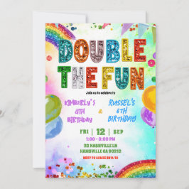 Rainbow Glitter Sequin Sibling Birthday Invitation Kaart