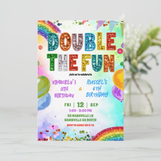 Rainbow Glitter Sequin Sibling Birthday Invitation Kaart (Staand voorkant)