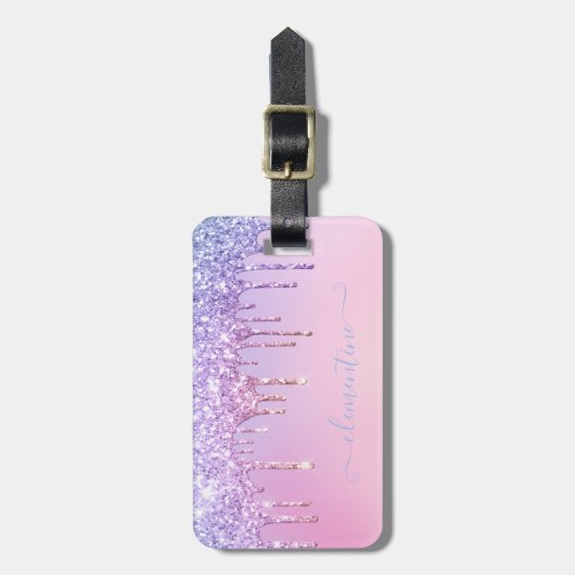 Rainbow glitter sparkle script modern girly script bagagelabel (Voorkant verticaal)