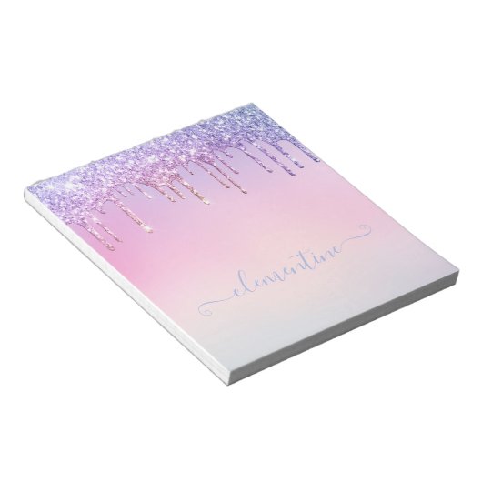 Rainbow glitter sparkle script modern girly script notitieblok (Schuin)