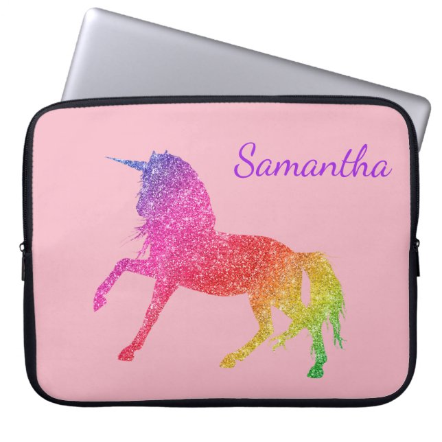 Rainbow  Glitter Sparkle Unicorn Girl's Laptop Sleeve (Voorkant)