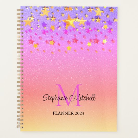 Rainbow Glitter Stars Monogram Name Planner (Voorkant)