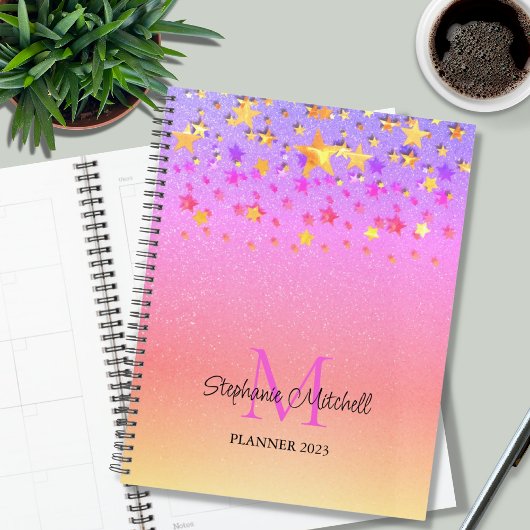 Rainbow Glitter Stars Monogram Name Planner