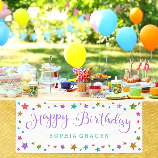 Rainbow Glitter Stars Paarse Happy Birthday Banner