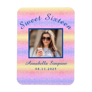 Rainbow Glitter Sweet 16 Birthday Save the Date Magneet