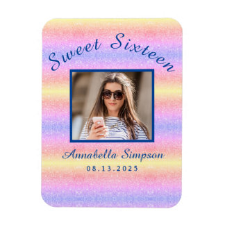Rainbow Glitter Sweet 16 Birthday Save the Date Magneet
