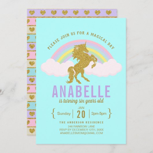 Rainbow Glitter Unicorn Birthday Party Invitation Kaart (Voorkant / Achterkant)