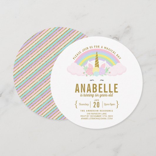 Rainbow Glitter Unicorn Birthday Party Invitation Kaart (Voorkant / Achterkant)