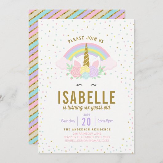 Rainbow Glitter Unicorn Birthday Party Invitation Kaart (Voorkant / Achterkant)