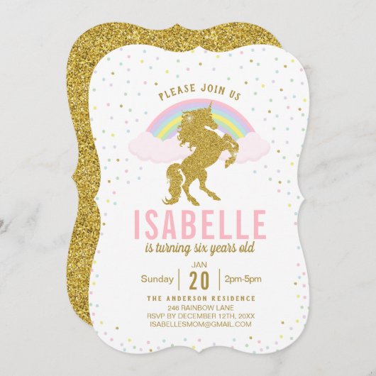 Rainbow Glitter Unicorn Birthday Party Invitation Kaart (Voorkant / Achterkant)