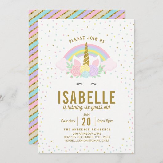 Rainbow Glitter Unicorn Birthday Party Invitation Kaart (Voorkant / Achterkant)