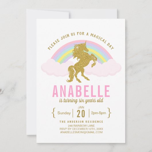 Rainbow Glitter Unicorn Birthday Party Invitation Kaart (Voorkant)