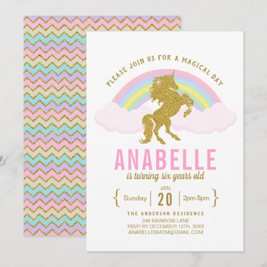 Rainbow Glitter Unicorn Birthday Party Invitation Kaart (Voorkant / Achterkant)
