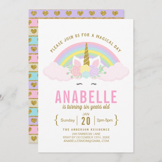 Rainbow Glitter Unicorn Birthday Party Invitation Kaart (Voorkant / Achterkant)