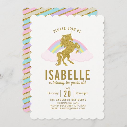 Rainbow Glitter Unicorn Birthday Party Invitation Kaart (Voorkant / Achterkant)
