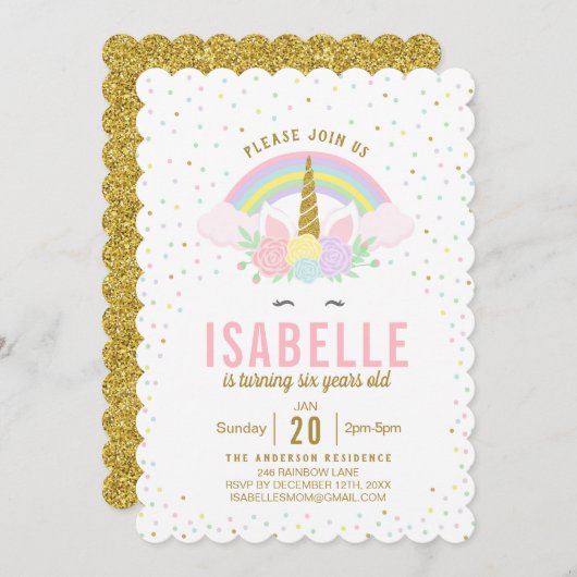 Rainbow Glitter Unicorn Birthday Party Invitation Kaart (Voorkant / Achterkant)