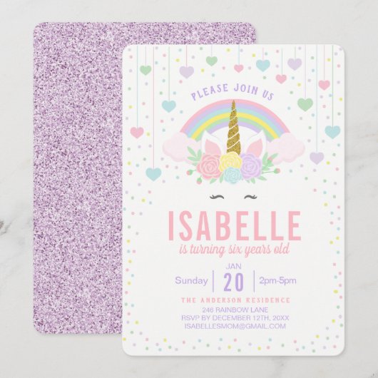 Rainbow Glitter Unicorn Birthday Party Invitation Kaart (Voorkant / Achterkant)