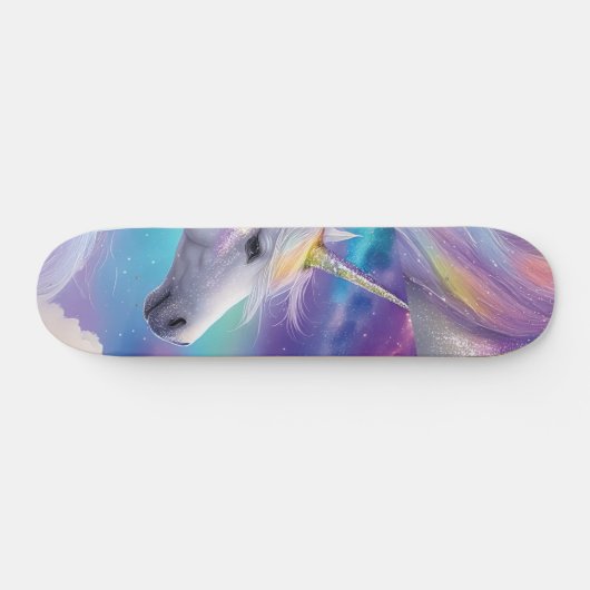 Rainbow Glitter Unicorn Fantasy Pastel Cloudy Sky Persoonlijk Skateboard (Horizontaal)