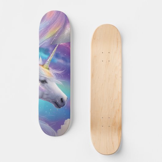 Rainbow Glitter Unicorn Fantasy Pastel Cloudy Sky Persoonlijk Skateboard (Voorkant)