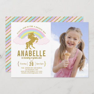 Rainbow Glitter Unicorn Foto van Birthday Uitnodig Kaart