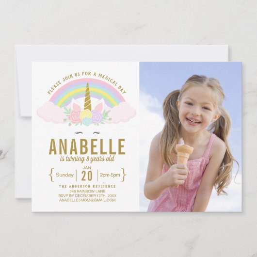 Rainbow Glitter Unicorn foto verjaardagsuitnodigin Kaart (Voorkant)