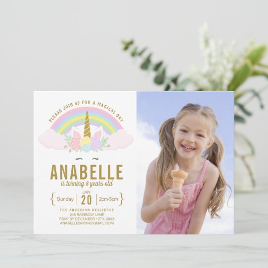 Rainbow Glitter Unicorn foto verjaardagsuitnodigin Kaart (Staand voorkant)