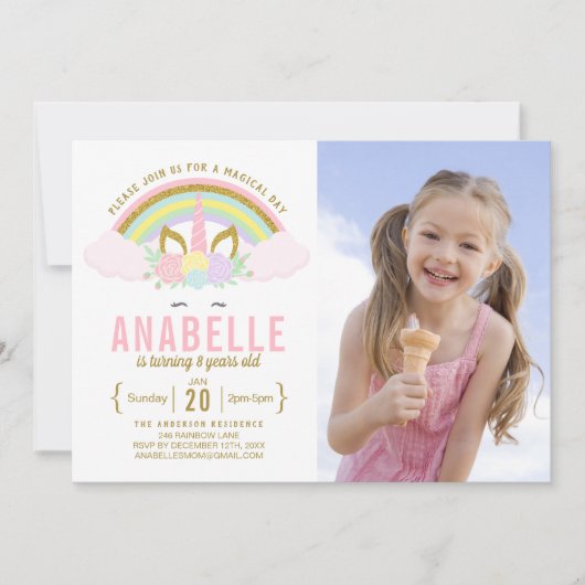 Rainbow Glitter Unicorn foto verjaardagsuitnodigin Kaart (Voorkant)