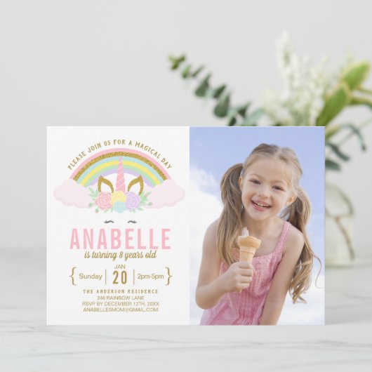 Rainbow Glitter Unicorn foto verjaardagsuitnodigin Kaart (Staand voorkant)