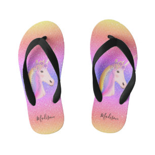 Rainbow Glitter Unicorn, gepersonaliseerd Kinder Teenslippers