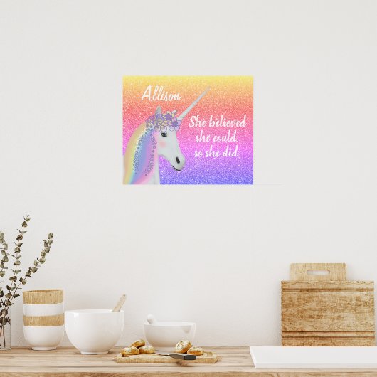 Rainbow Glitter Unicorn Girls, gepersonaliseerd Poster (Keuken)