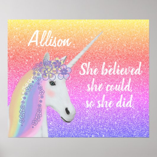 Rainbow Glitter Unicorn Girls, gepersonaliseerd Poster (Voorkant)