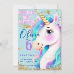 Rainbow Glitter Unicorn uitnodiging voor meisjes